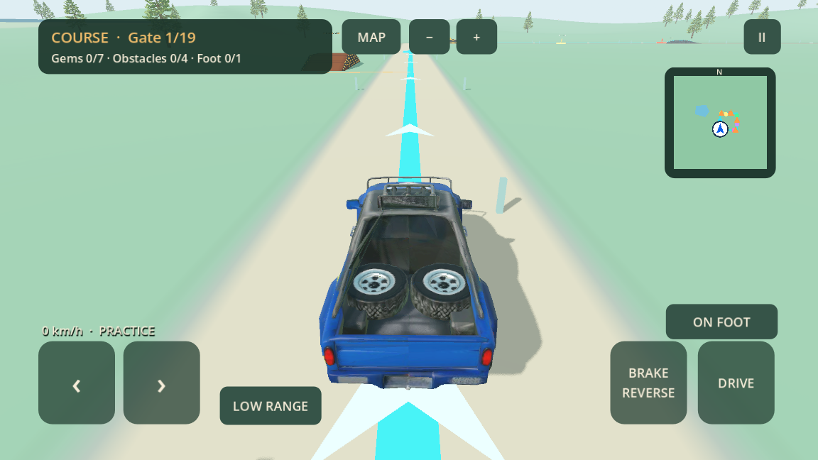 Trophy Truck following a cyan lap route, with controls and the player direction marker visible